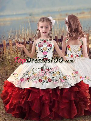 Attractive White And Red Lace Up Little Girls Pageant Gowns Embroidery and Ruffles Sleeveless Floor Length