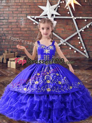 Blue Ball Gowns Embroidery and Ruffled Layers High School Pageant Dress Lace Up Satin and Organza Sleeveless Floor Length