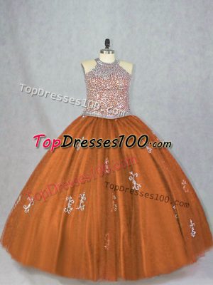 Brown Tulle Lace Up Halter Top Sleeveless Floor Length Quinceanera Gown Beading and Appliques