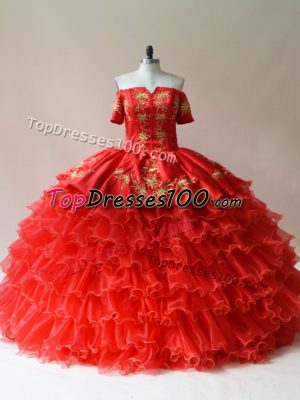 Eye-catching Floor Length Lace Up 15th Birthday Dress Red for Sweet 16 and Quinceanera with Embroidery and Ruffled Layers