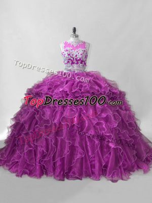 Low Price Scoop Sleeveless Quinceanera Gowns Brush Train Beading and Ruffles Fuchsia Organza