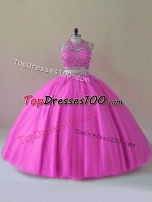 Popular Lilac Backless Halter Top Beading Ball Gown Prom Dress Tulle Sleeveless