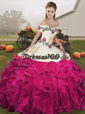 Embroidery and Ruffles 15 Quinceanera Dress Fuchsia Lace Up Sleeveless Floor Length