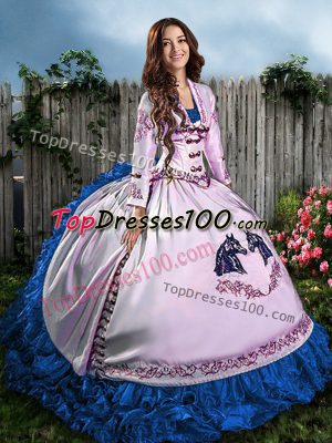 Sleeveless Satin Floor Length Lace Up Quinceanera Dresses in Blue And White with Embroidery and Ruffles