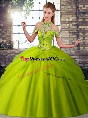 Designer Tulle Sleeveless Quinceanera Dress Brush Train and Beading and Pick Ups