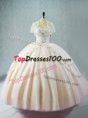Flare Sleeveless Tulle Floor Length Lace Up Quinceanera Dress in Pink with Beading