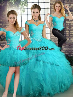 Floor Length Three Pieces Sleeveless Aqua Blue Vestidos de Quinceanera Lace Up