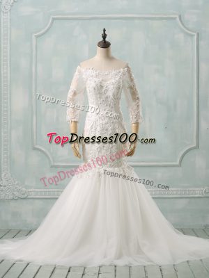 3 4 Length Sleeve Watteau Train Lace Lace Up Wedding Gowns
