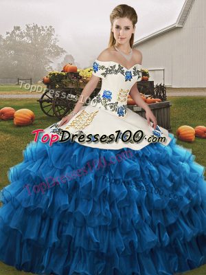 Off The Shoulder Sleeveless Quinceanera Dress Floor Length Embroidery and Ruffled Layers Blue And White Organza