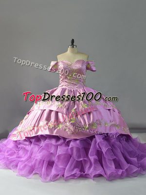 Lavender Sleeveless Organza Chapel Train Lace Up Quinceanera Dress for Sweet 16 and Quinceanera