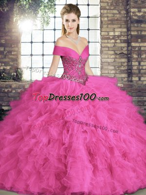 Latest Hot Pink Tulle Lace Up 15th Birthday Dress Sleeveless Floor Length Beading and Ruffles