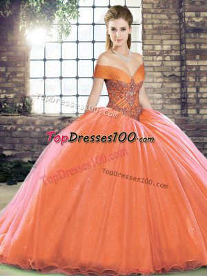 Artistic Off The Shoulder Sleeveless Organza Sweet 16 Dress Beading Brush Train Lace Up