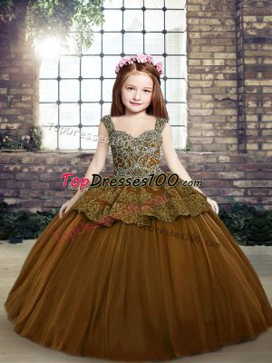 Wonderful Ball Gowns Little Girl Pageant Gowns Brown Straps Tulle Sleeveless Floor Length Lace Up