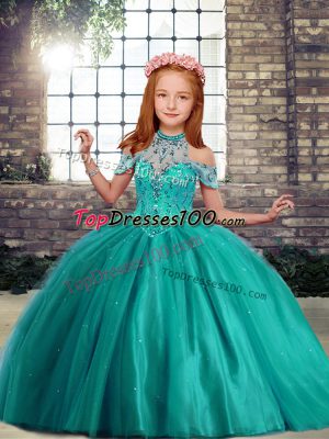 Elegant Floor Length Ball Gowns Sleeveless Turquoise Little Girl Pageant Gowns Lace Up