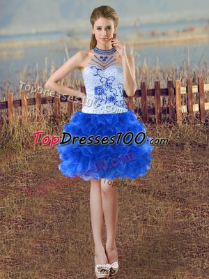 Blue And White Halter Top Lace Up Beading and Embroidery and Ruffles Evening Dress Sleeveless