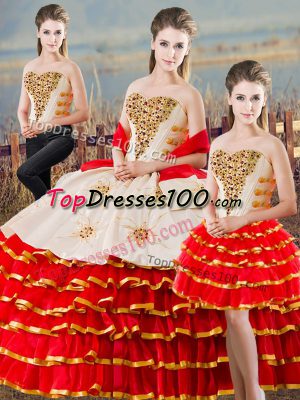 Delicate Floor Length Lace Up Quinceanera Dresses White And Red for Sweet 16 and Quinceanera with Beading and Ruffled Layers