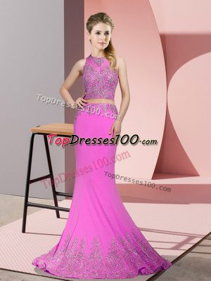 Designer Lilac Satin Zipper High-neck Sleeveless Dress for Prom Sweep Train Beading and Appliques