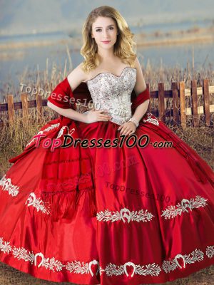 Glamorous Red Satin Lace Up Ball Gown Prom Dress Sleeveless Floor Length Beading and Embroidery