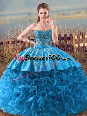 Excellent Baby Blue Lace Up Sweet 16 Quinceanera Dress Embroidery and Ruffles Sleeveless Floor Length Brush Train