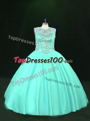 Glittering Turquoise Lace Up Scoop Beading Ball Gown Prom Dress Tulle Sleeveless