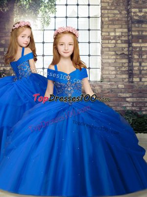 Sleeveless Chiffon Floor Length Lace Up Kids Pageant Dress in Royal Blue with Beading