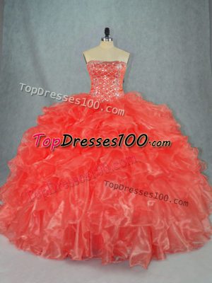 Floor Length Lace Up Ball Gown Prom Dress Red for Sweet 16 and Quinceanera with Beading and Ruffles