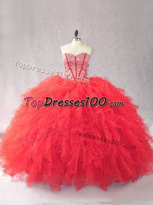 Sleeveless Tulle Floor Length Lace Up 15 Quinceanera Dress in Red with Beading and Ruffles