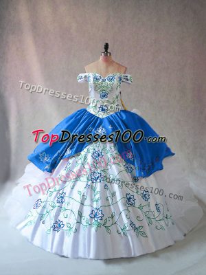 Sexy Blue And White Off The Shoulder Lace Up Embroidery and Ruffles Sweet 16 Quinceanera Dress Sleeveless