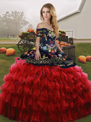 Pretty Red And Black Organza Lace Up Off The Shoulder Sleeveless Floor Length Vestidos de Quinceanera Embroidery and Ruffled Layers