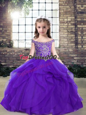 Floor Length Lace Up Little Girl Pageant Dress Purple for Party and Wedding Party with Beading