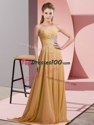 Sleeveless Chiffon Floor Length Lace Up in Gold with Beading
