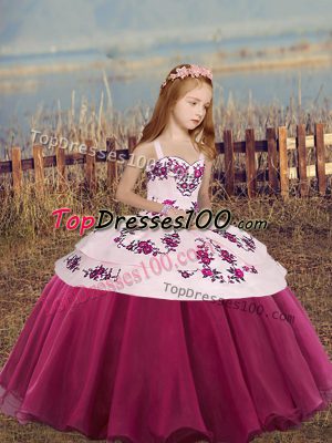 Excellent Fuchsia Ball Gowns Embroidery and Bowknot Pageant Dress Toddler Lace Up Sleeveless Floor Length