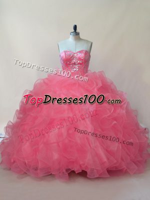 Coral Red Ball Gowns Beading and Ruffles Sweet 16 Dress Lace Up Organza Sleeveless Floor Length