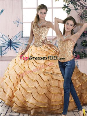 Extravagant Gold Lace Up Sweetheart Beading and Ruffled Layers Sweet 16 Dress Organza Sleeveless Brush Train