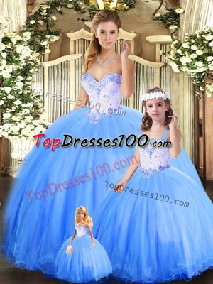 Colorful Tulle Sweetheart Sleeveless Lace Up Beading Sweet 16 Dress in Blue