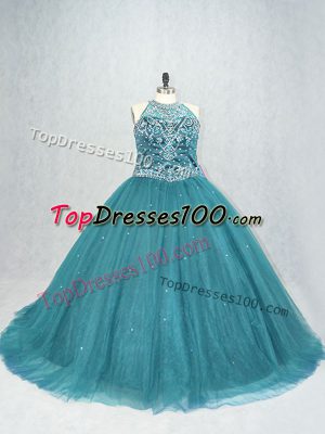 Glamorous Tulle Scoop Sleeveless Brush Train Lace Up Beading Quinceanera Gowns in Teal
