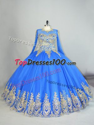 Blue Long Sleeves Floor Length Beading and Appliques Lace Up Sweet 16 Dresses