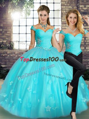 Floor Length Aqua Blue Quinceanera Dresses Tulle Sleeveless Beading and Appliques
