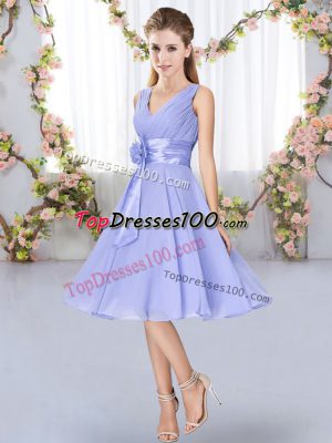 Enchanting Knee Length Lavender Bridesmaid Dresses V-neck Sleeveless Lace Up