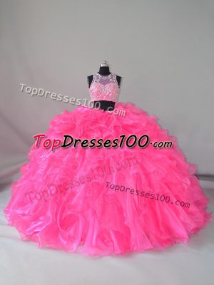 Super Hot Pink Quinceanera Gowns Sweet 16 and Quinceanera with Beading and Ruffles Scoop Sleeveless Court Train Zipper