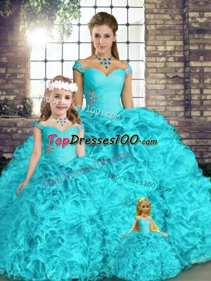 Aqua Blue Ball Gowns Off The Shoulder Sleeveless Organza Floor Length Lace Up Beading and Ruffles Vestidos de Quinceanera