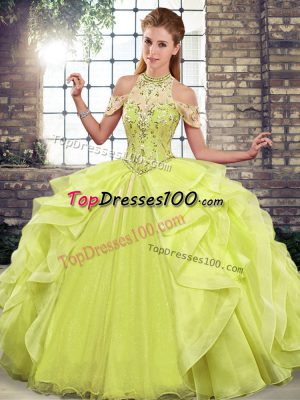 Glorious Yellow Green Sleeveless Beading and Ruffles Floor Length Sweet 16 Quinceanera Dress