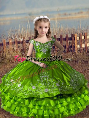 Super Sleeveless Lace Up Floor Length Embroidery and Ruffled Layers Evening Gowns