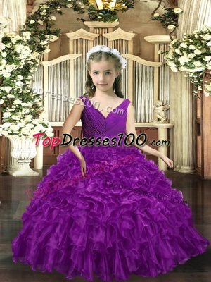 Fancy Floor Length Eggplant Purple Little Girls Pageant Gowns Organza Sleeveless Ruffles