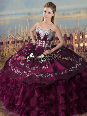 Adorable Purple Ball Gowns Embroidery and Ruffles 15 Quinceanera Dress Lace Up Satin and Organza Sleeveless Floor Length