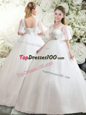 Lovely Half Sleeves Tulle Floor Length Lace Up Bridal Gown in White with Beading and Appliques