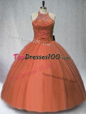Spectacular Sleeveless Tulle Floor Length Lace Up Quinceanera Gown in Brown with Beading