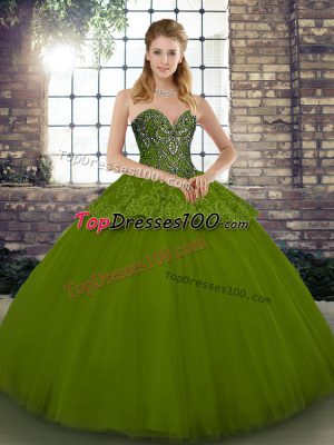 Floor Length Olive Green Sweet 16 Dress Tulle Sleeveless Beading and Appliques