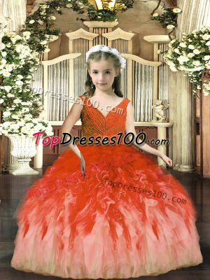 Elegant Rust Red Backless Little Girl Pageant Gowns Beading and Ruffles Sleeveless Floor Length