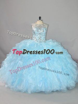 Fantastic Blue Lace Up Quinceanera Dresses Beading and Ruffles Sleeveless Floor Length